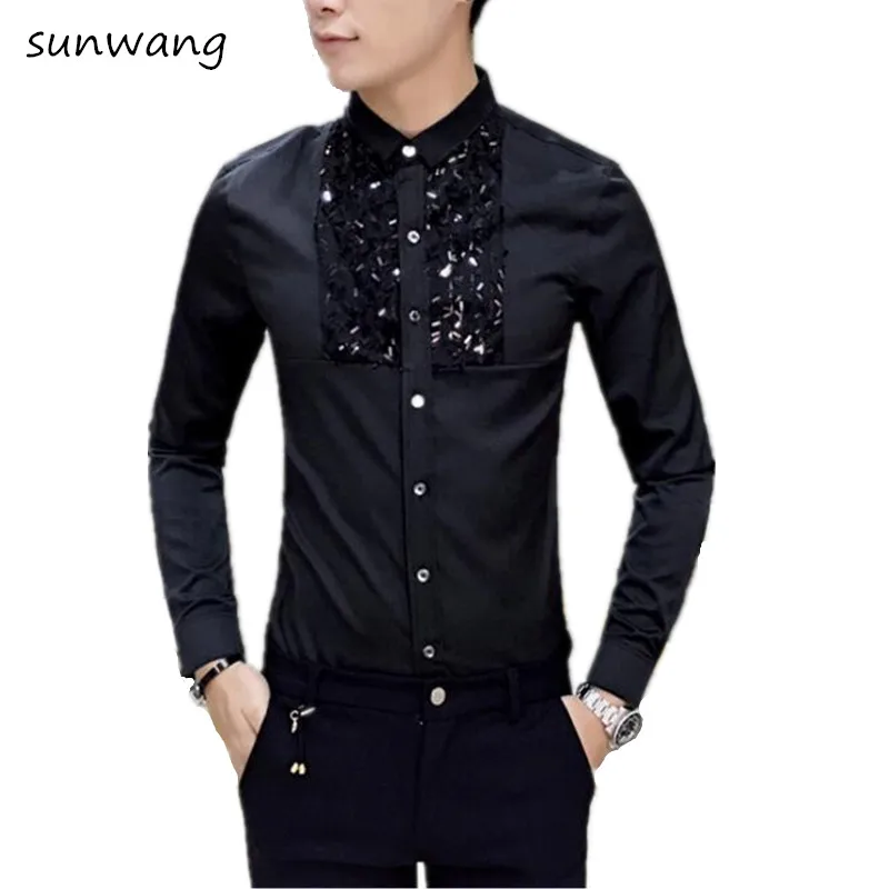 Мужская кружевная приталенная рубашка с блестками Повседневная длинным рукавом