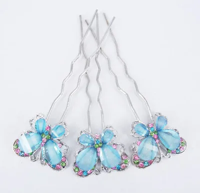 

3P Blue Fashion Elegant Crystal Rhinestone Butterfl Wedding Bridal Hair Pin Clip