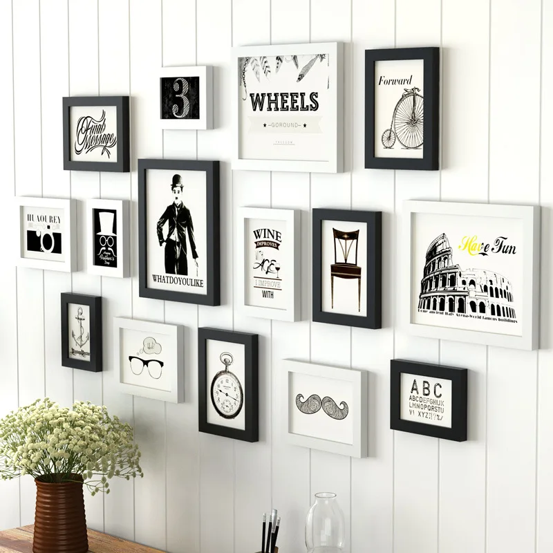 

Modern White & Black Wood Frames Set For Home Decor 15 pcs Family Wedding Photo Frame DIY Rectangle Picture Frames porta retrato
