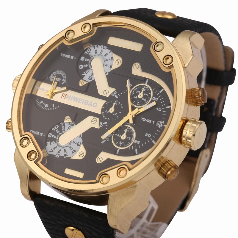 

Cool Big Case Quartz Watch For Men Leather Strap Sports Mens Watches Man Dual Times Military Relogio Masculino Luxury Clock Male