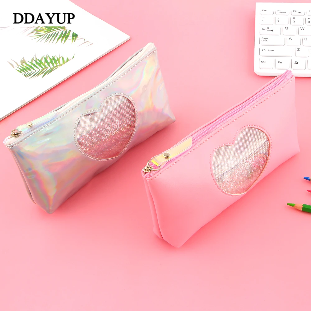 Милый Алмазный любовь сердце школьный пенал конфеты цвета Лазерная Pencilcase для