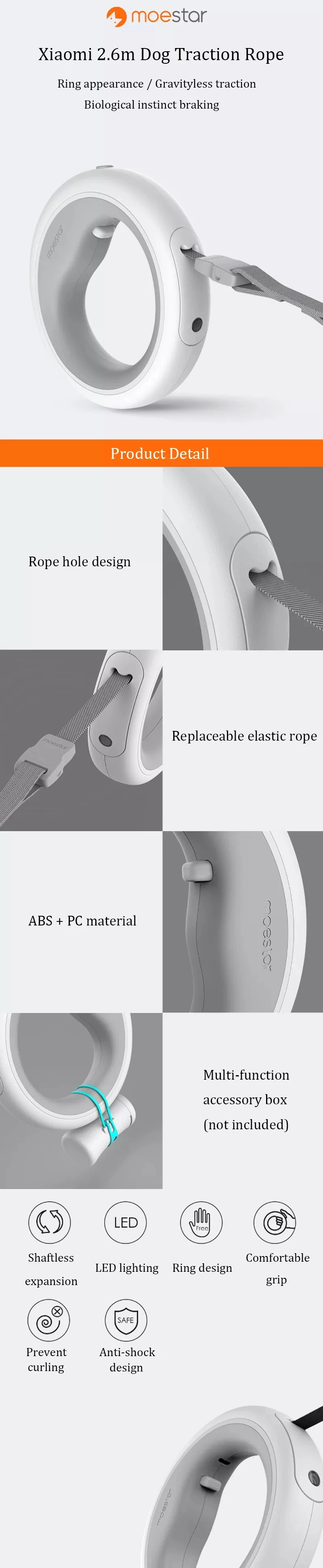 Xiaomi MOESTAR, выдвижной поводок для собак, кольцо со светодиодным освещением, гибкий ошейник для собак, щенков, Тяговый канат, длина ремня, 2,6 м, умный пульт дистанционного управления