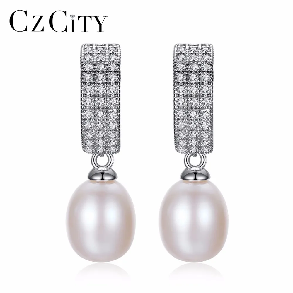 

CZCITY Brand Pure Natural Pearl Earrings 8-9mm Freshwater Pearls 925 Sterling Silver Women Fine Earring Jewelry Classic Style