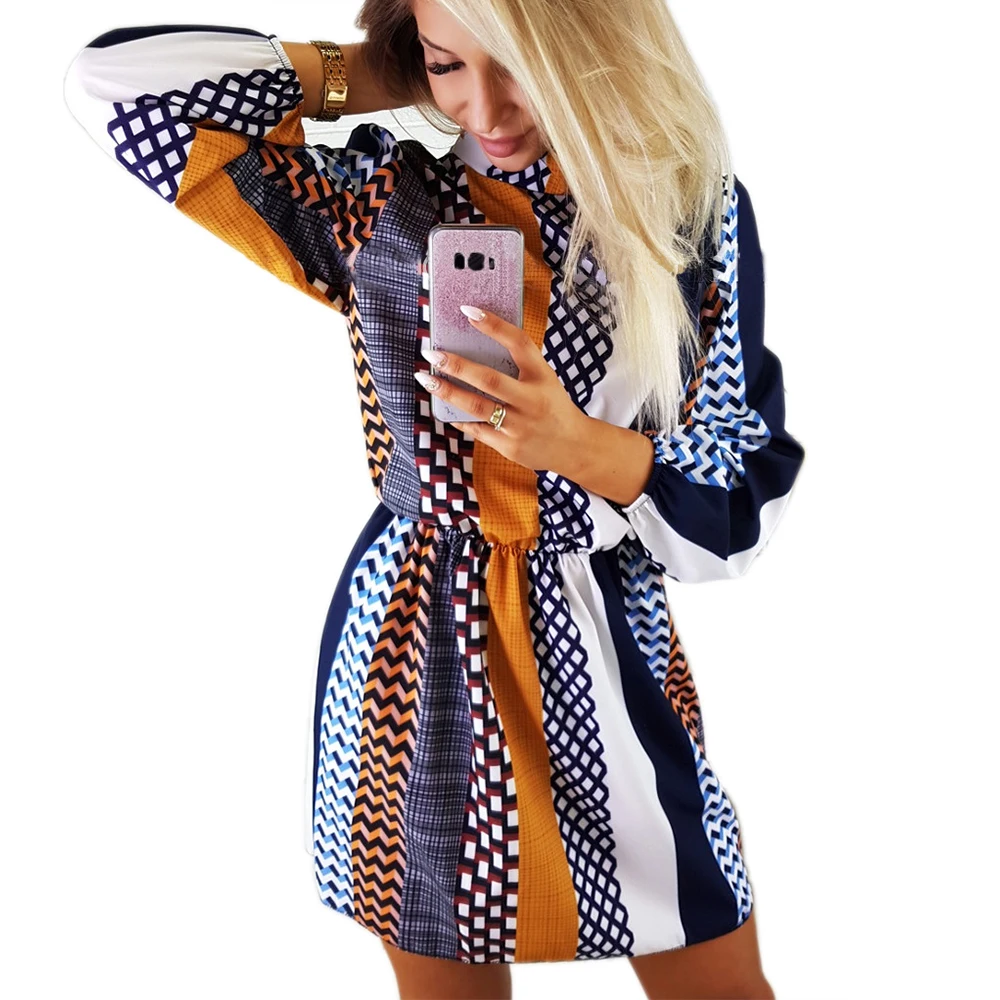 ELSVIOS Women Back Bow Striped Print Dress 2019 New Spring Turtleneck Long Sleeve A-line Dresses Casual beach Vestidos | Женская одежда
