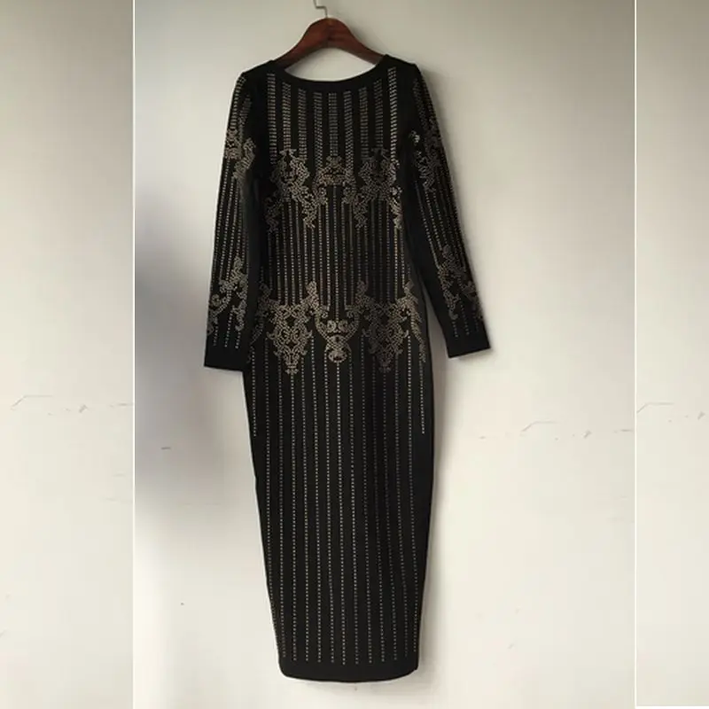 2018 зимнее платье сексуальное черное с кристаллами Бандажное vestido круглым вырезом
