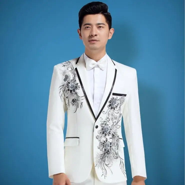 

Beige new male singer Embroidery diamond Fashion luxury Men suits costume Men's Slim Wedding Groom Tuxedos 2 Pieces Jacket+Pant