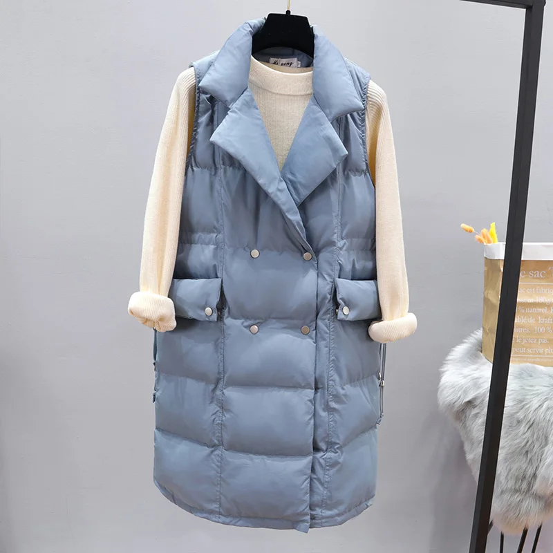 QoerliN Sleeveless Lace Up Waistcoat Women Cotton Clothing Double-Breasted Long Parkas Female Pocket Solid Jacket Coat Autumn | Женская
