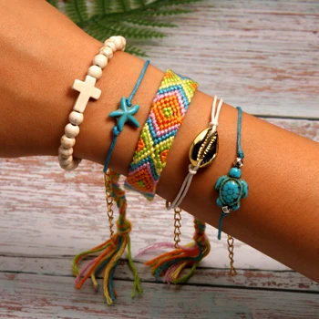 14 MOON GIRL 5 Pieces Puka Shell Bracelet Set Turtle Starfish Cross Beads Boho Weave Bracelet for Women Friendship Jewelry Dropship - Metal Color: 14