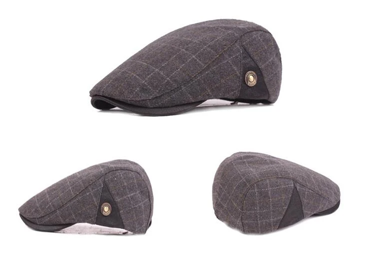 QIUBOSS Colored Plaid Plain Wool Felt Newsboy Caps for Men Autumn Winter Warm Beret Old Man Forward Hat Male Trilby Casquette