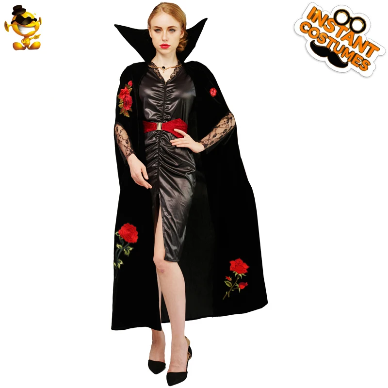 

Women Luxury Medieval Vampire Costume Adult Halloween Sexy Noble Gothic Queen Black Long Dress with Cloak Christmas Cosplay