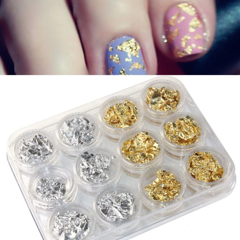 

12PCS Nail Art Gold Silver Paillette Flake Chip Foil DIY Acrylic UV Gel Pager Aug 25