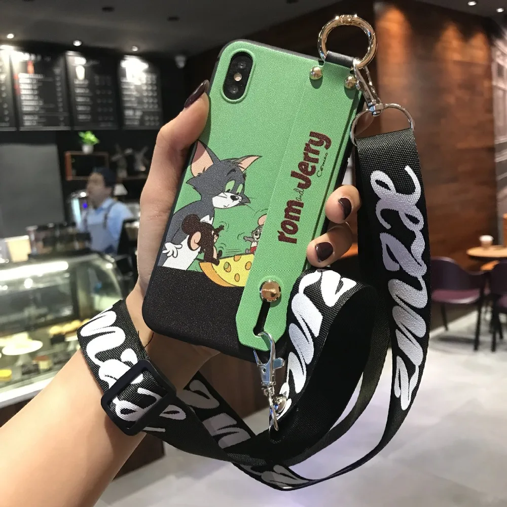 Забавный чехол с рисунком том Джерри для iPhone X, XR, Xs, Max, 8, 7, 6, 6s Plus, чехол на запястье, тканевый чехол с ремешком через плечо