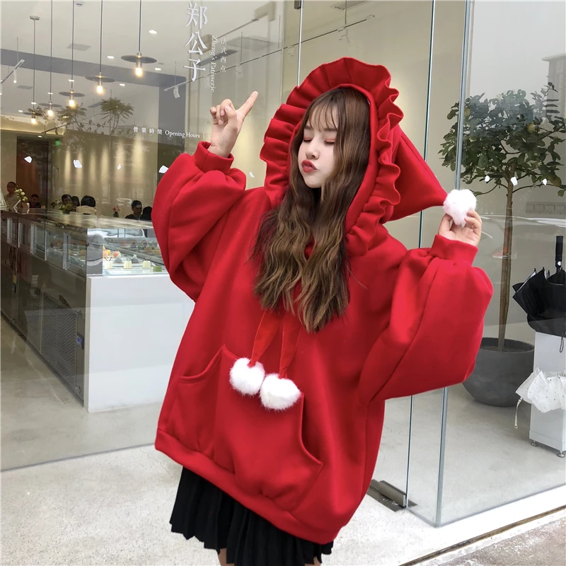 Женский Теплый пуловер с капюшоном Kawaii длинная Рождественская Толстовка