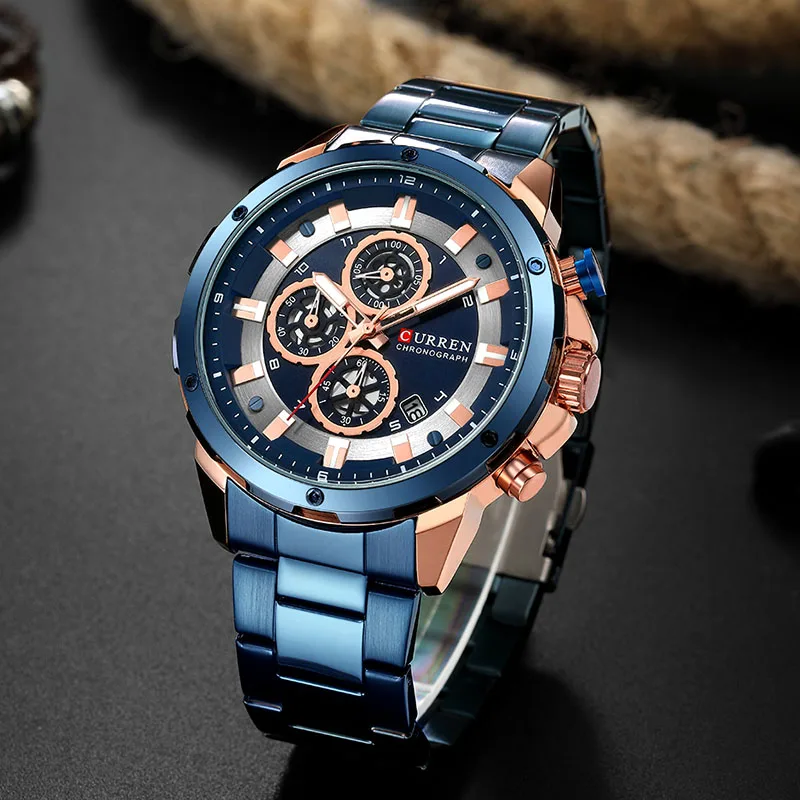 blue blue CURREN синие мужские часы с металлическим ремешком, мужские часы с хронографом, люксовый бренд, нержавеющая сталь, кварцевые мужские часы, военные - Цвет: blue blue
