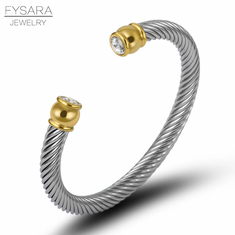 Gold Color FYSARA серебряные мужские панк эластичный браслет из нержавеющей стали крутить проволоку кристаллы Браслет-манжета и браслет для женщин аксессуары - Окраска металла: Gold Color