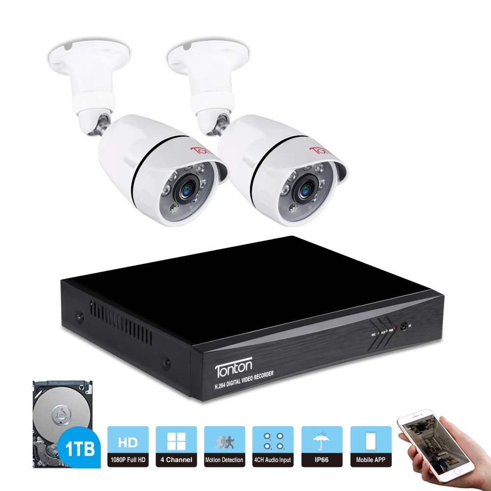 Тонтон 1080P FULL HD 4CH 5 в 1 DVR комплект видеонаблюдения CCTV Системы 2*1080P 2.0MP Крытый