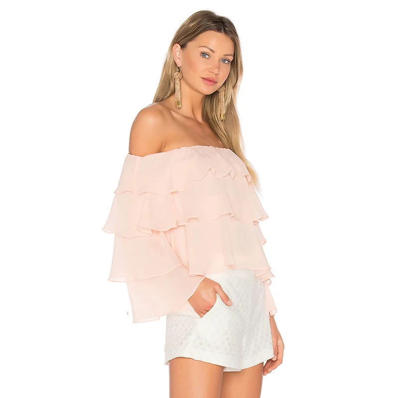 Slash шеи Sexy шифон Топы корректирующие с открытыми плечами оборками Лоскутная