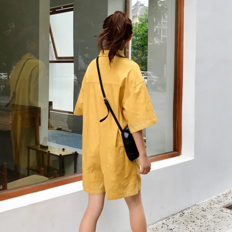 

2020 Summer Autumn Korean Vintage Loose Single Breasted Polo Colla Shorts Female Casual Solid Color Jumpsuit Women Clothes A344