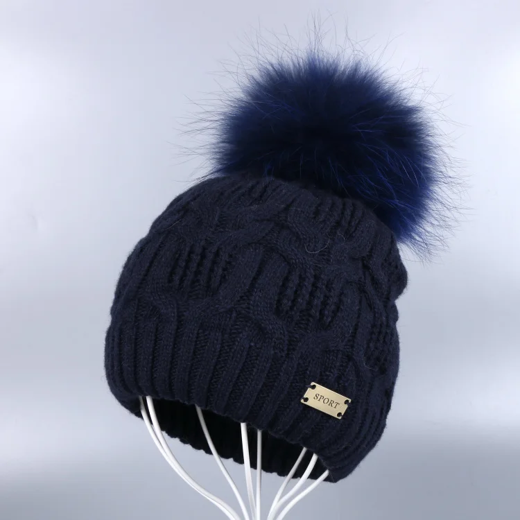 Mink Pom navy hat Новинка, женская зимняя шапка с помпоном, кашемировая пряжа, плетеные шапочки с натуральным лисьим мехом норки, с помпоном, толстая, термальная, для женщин, девушек, skullies gorros - Цвет: Mink Pom navy hat