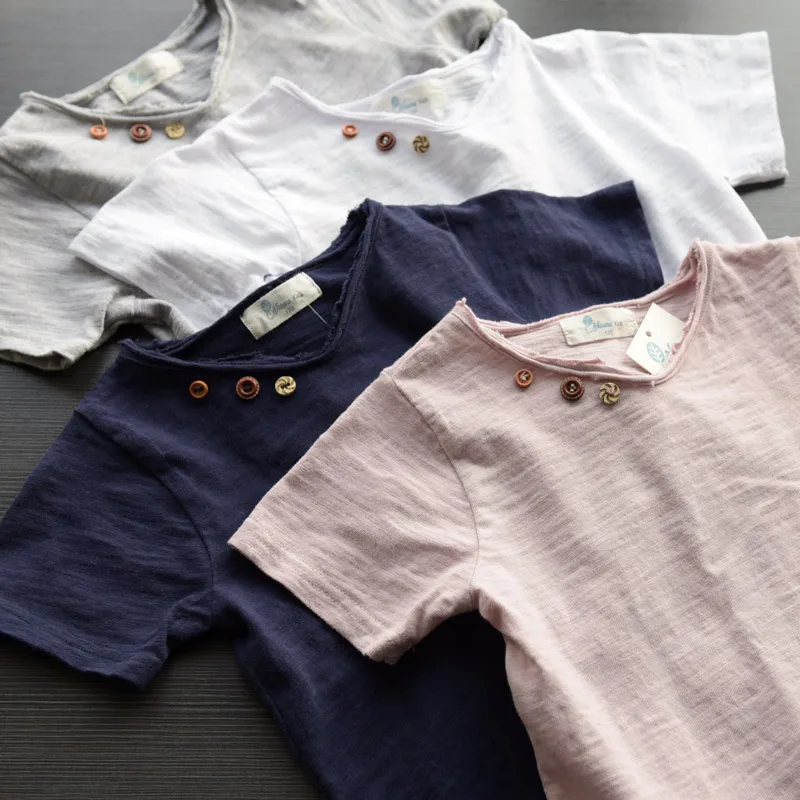 Camisetas de manga corta para ni&ntilde;os y ni&ntilde;as, Camisa de algod&oacute;n de bamb&uacute; de Color s&oacute;lido, cuello en V informal, Tops para ni&ntilde;os para verano 2018 BC088-1