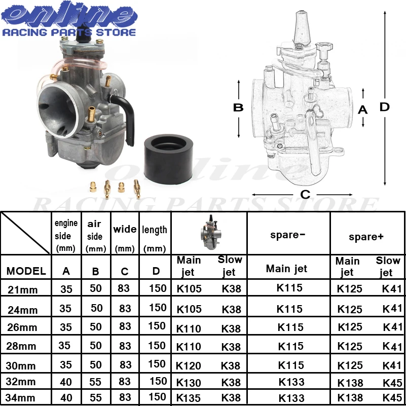 Motorcycle PWK Carburetor for keihi pwk carburetor Carb 21mm 24mm 26mm 28mm 30mm 32mm 34 mm with power jet fit on racing motor