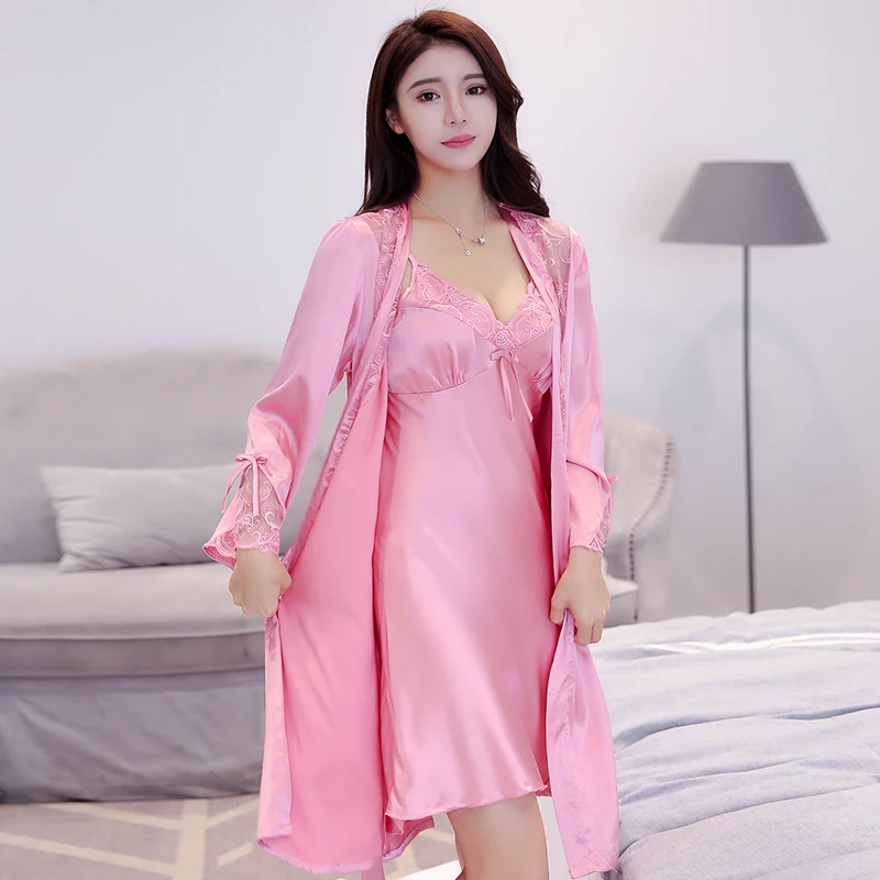 

Women Home Dress Sets Sexy Lace Embroidery Nightgown Sleepwear with Sling V-neck Sleep Lounge Bedgown 2 Pieces Nightshirt Pajams