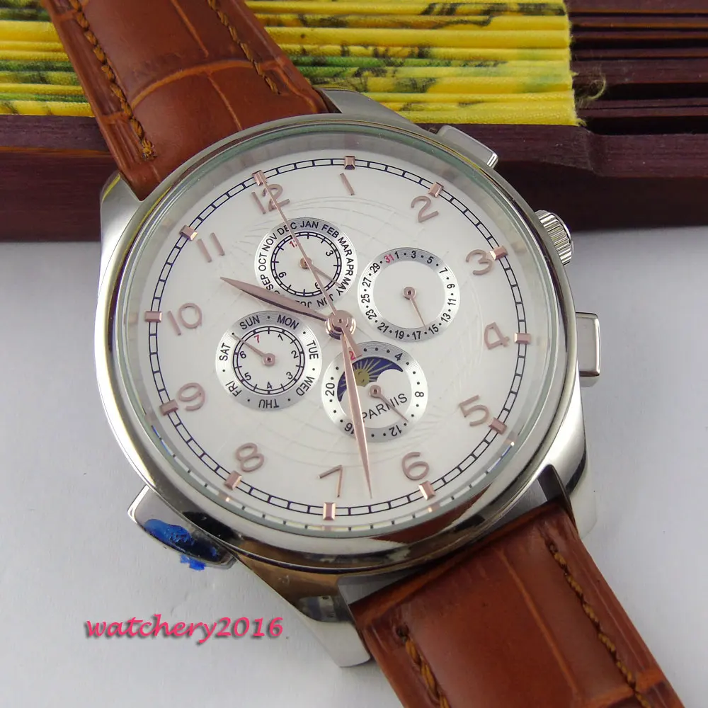 Мужские часы parnis с белым циферблатом и золотым покрытием 44 мм|watch men|watch men watchwatch watch