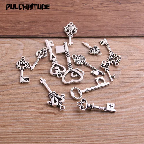 Покрытие антикварным серебром Pulchrode 10 шт. винтажные металлические Смешанные Два Цвета Маленькие подвески в форме ключей для самостоятельного изготовления ювелирных изделий ручной работы P6666 - Окраска металла: Покрытие антикварным серебром