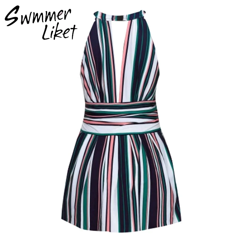 Полосатое платье купальный костюм для женщин купальник с высокой горловиной