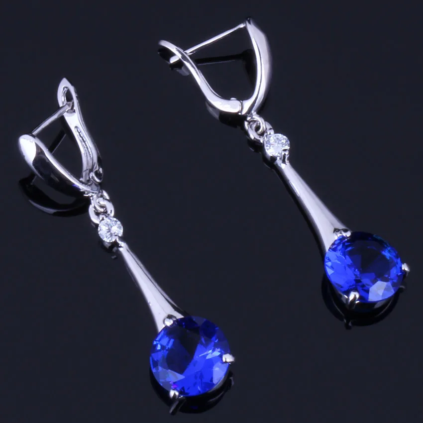 

Superior Round Blue Cubic Zirconia White CZ Silver Plated Drop Dangle Earrings V0356