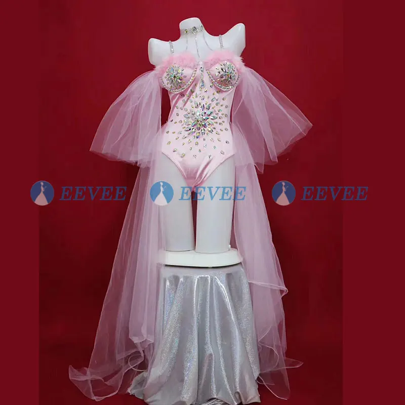 

Crystals Singer Bodysuit for Women Pink Rhinestones Jumpsuit with Mesh Trailing Party Stage Costumes Dancer Performance Wear