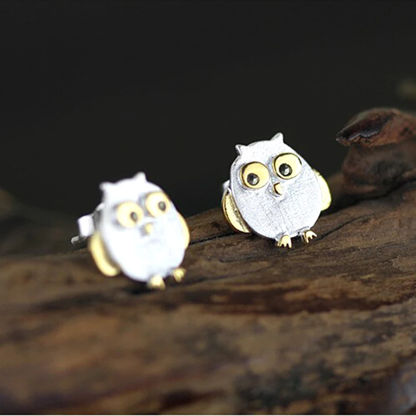 

Daisies Real Pure Golden 925 Sterling Silver Jewelry Cute Owl Stud Earrings Pendientes Plata Brincos
