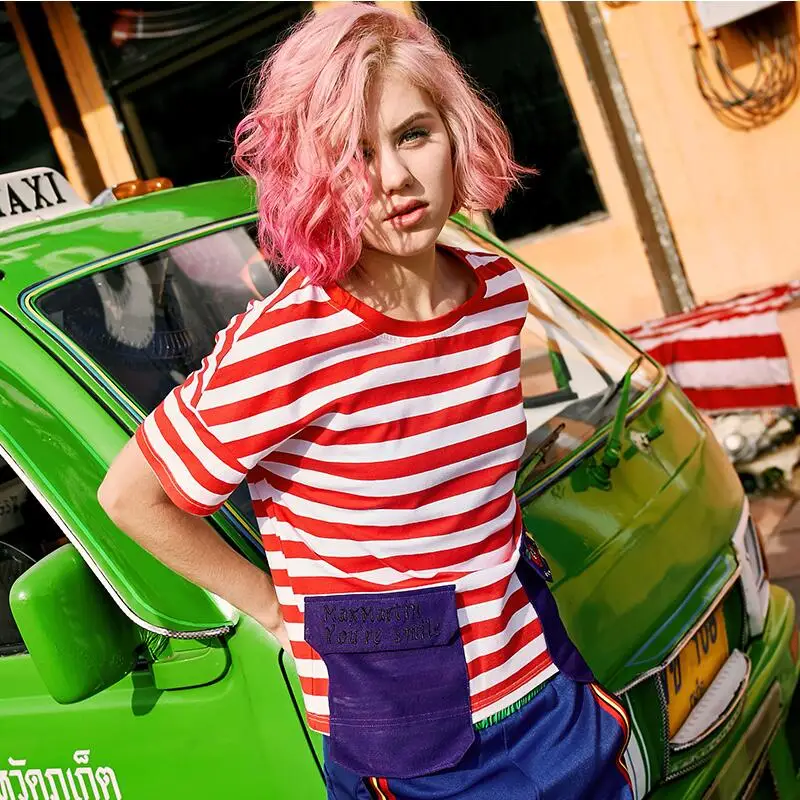 2017 новое прибытие женщины лето карманный лоскутная Контрастные цвета футболки