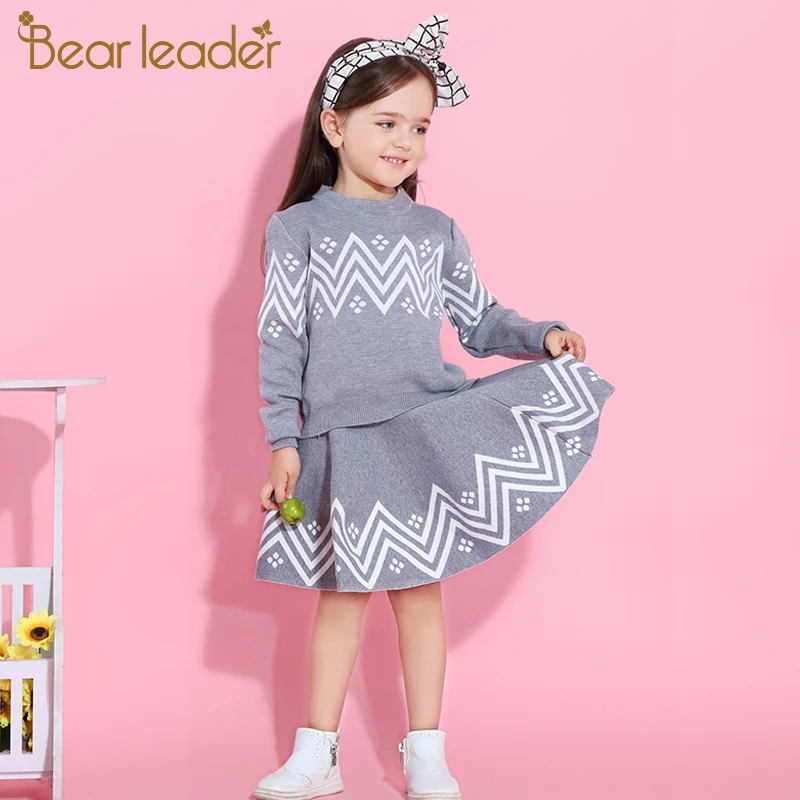 Bear Leader/комплекты с юбкой для девочек, осенне-зимний свитер с длинными рукавами и геометрическим узором+ юбка, трикотажный комплект из 2 предметов для детей 3-7 лет
