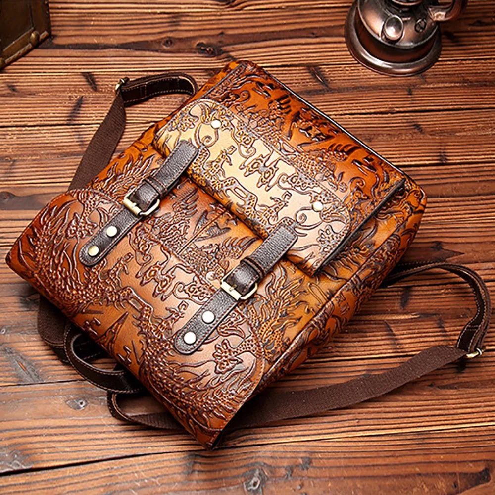 Мужской и женский рюкзак из натуральной кожи с тиснением винтажный большой