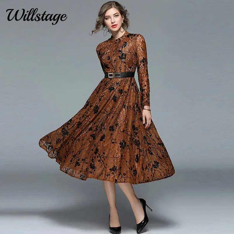 Willstage, кружевное платье с цветочным рисунком, элегантные вечерние платья с длинным рукавом, приталенные платья средней длины, женские винтажные платья высокого качества в стиле пэчворк, весеннее платье