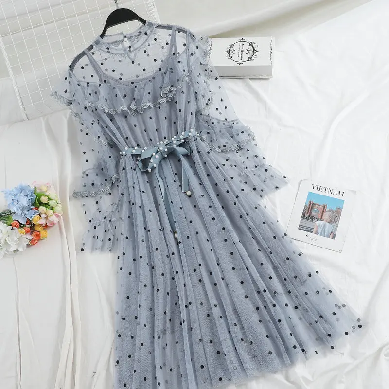 Women Dress Женское весеннее Плиссированное Тюлевое платье с расклешенными рукавами, повседневное приталенное платье с жемчужинами и бусинами, кружевное платье в горошек, Сетчатое платье с вуалью и оборками - Цвет: Women Dress