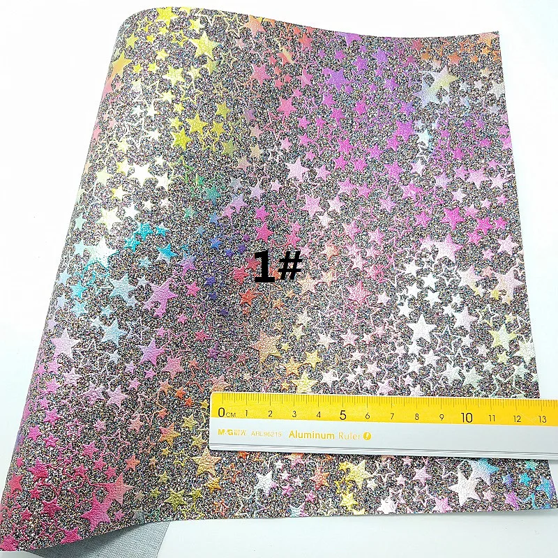 1PC 21X29CM Synthetic Letaher Cuero Sintetico Faux Leather Fabric Printed Stars Glitter leather For Making Bow Accessories 9S24C - Цвет: 1