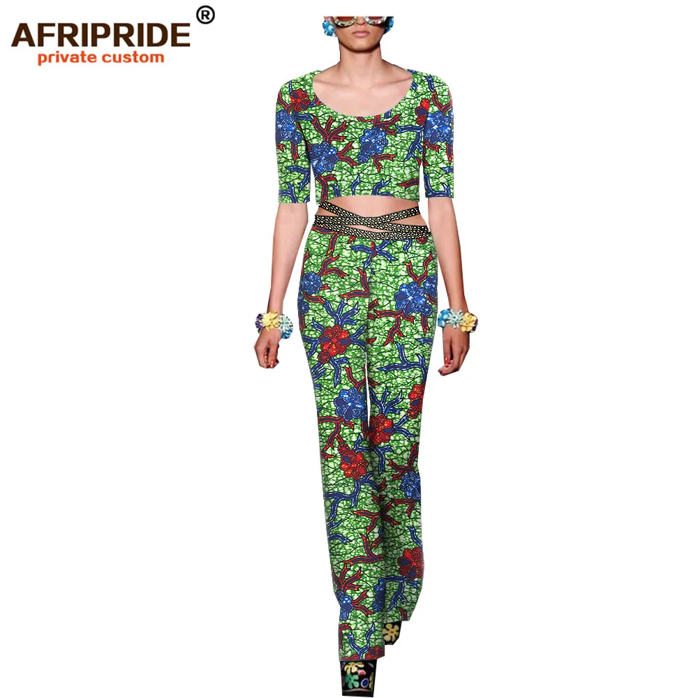african ankara dashiki set for women AFRIPRIDE bazin richi half sleeves short top+full length pants with sashes A1826035 | Женская