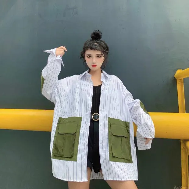 Harajuku BF стиль для женщин негабаритных в Вертикальную Полоску рубашка большой