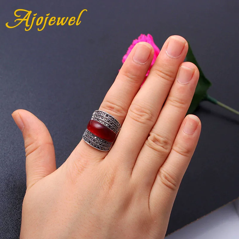 Ajojewel, оригинальные ювелирные изделия, красный камень, геометрические винтажные кольца для женщин, черные стразы, бижутерия, прекрасный свадебный подарок