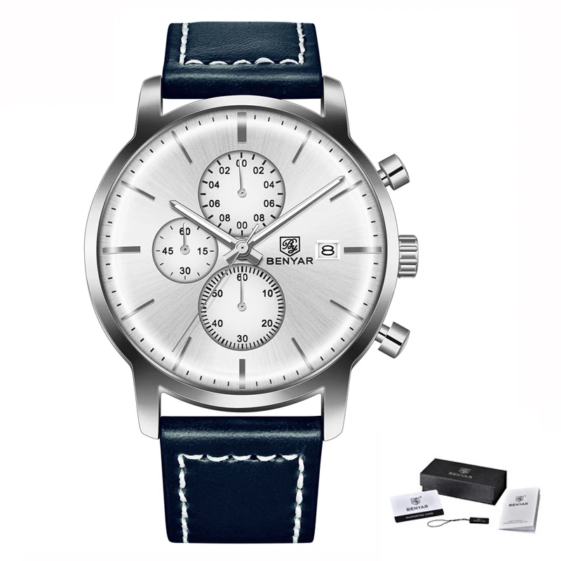 Leather Silver White BENYAR мужские часы повседневные модные водонепроницаемые часы мужские лучшие брендовые Новые Роскошные Кварцевые наручные часы с хронографом zegarek meski - Цвет: Leather Silver White