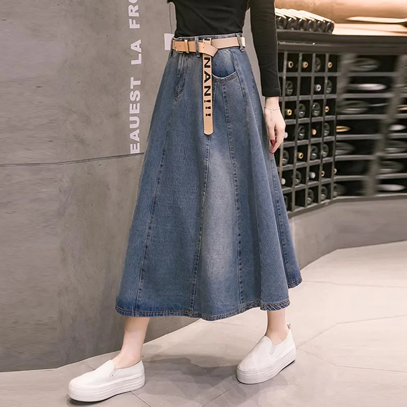 Faldas mujer moda Осенняя модная женская длинная Повседневная джинсовая юбка плюс размер Макси трапециевидная юбка винтажная Джинсовая юбка миди