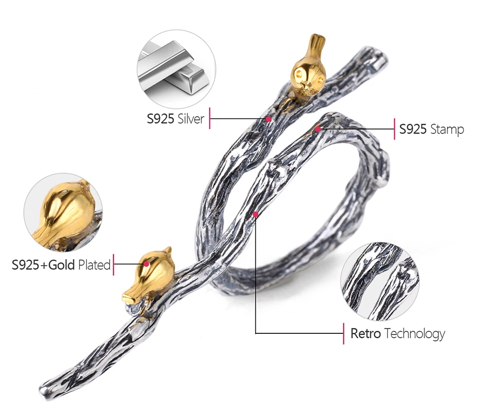 Lotus Fun Настоящее 925 пробы Серебряное Оригинальное Ювелирное Украшение Регулируемое Кольцо Ручной работы 18 к золотая птица на ветке кольца для женщин Bijoux