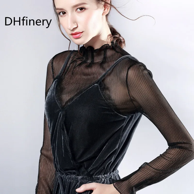 

DHfinery turtleneck thin t shirt women spring autumn Multicolor lace long sleeve perspective mesh Slim bright silk shirt sg27288