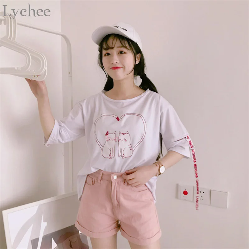 Женская летняя футболка Lychee с вырезами Милая принтом в виде кота и надписи Love на