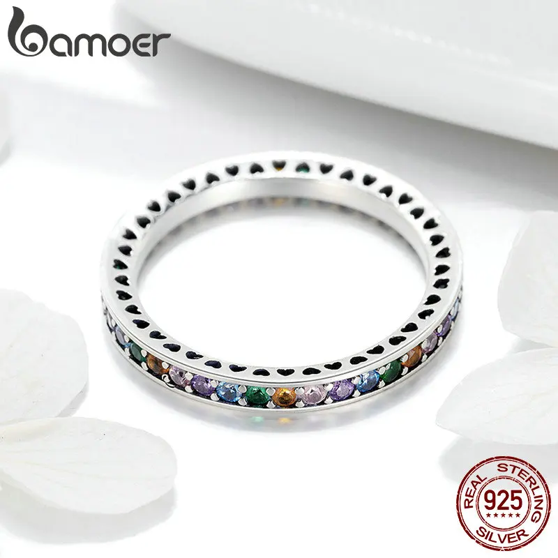 BAMOER, Настоящее серебро 925 пробы, Красочные CZ Кристаллы, круглые кольца для пальцев, обручальные ювелирные изделия, подарок, S925 SCR392