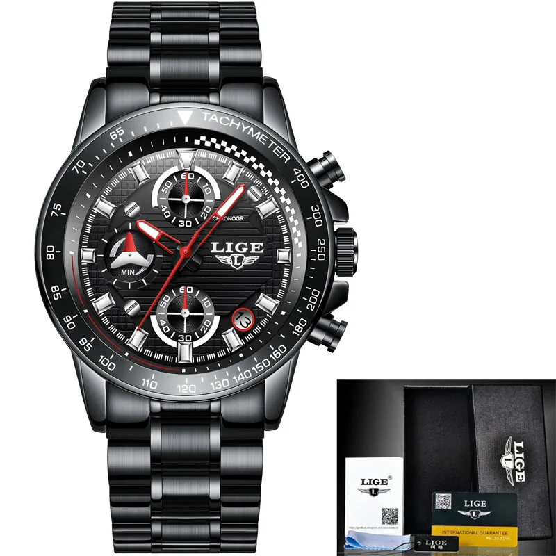 

LIGE Mens Watches Top Brand Luxury Fashion Business Quartz Watch Men Sport Full Steel Waterproof Black Clock relogio masculino