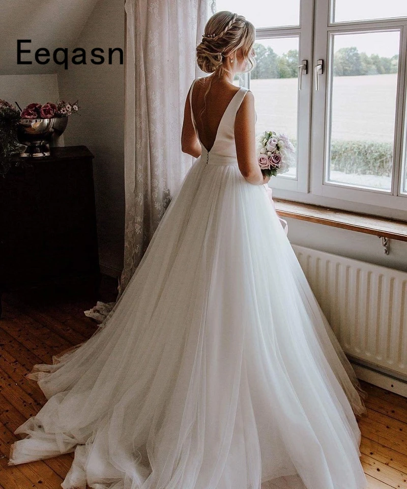 

Vestido de Noiva A Line Wedding Dress 2020 Elegant V Back Sleeveless Bride Dress Wedding Gown Trouwjurk Robe De Mariee