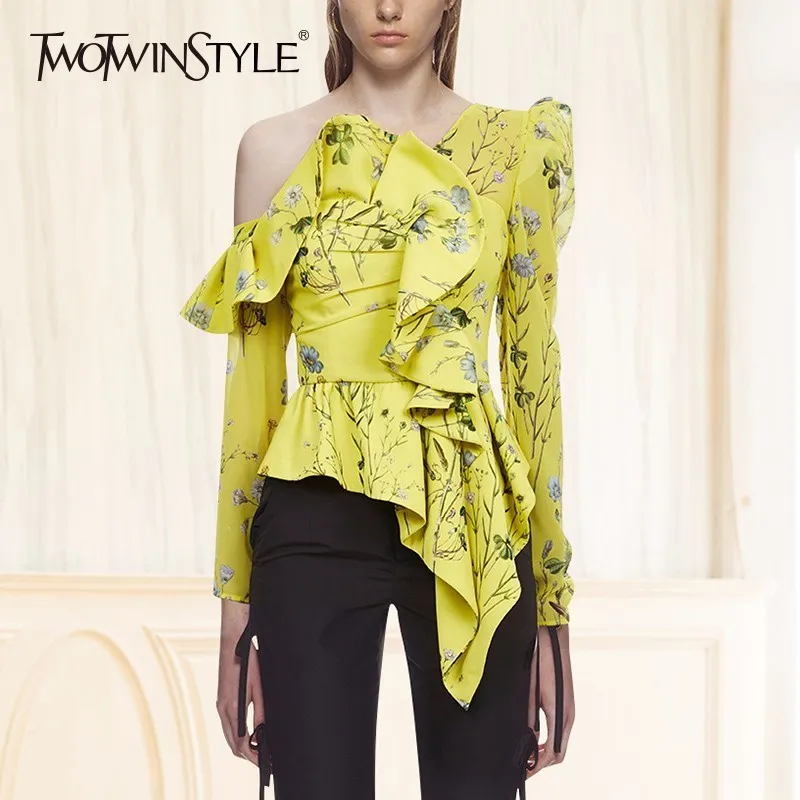 

TWOTWINSTYLE Skew Collar Printed Floral Blouse Shirt Female Long Sleeve Ruffle Women Blouses Off Shoulder Sexy Tops 2020 Summer